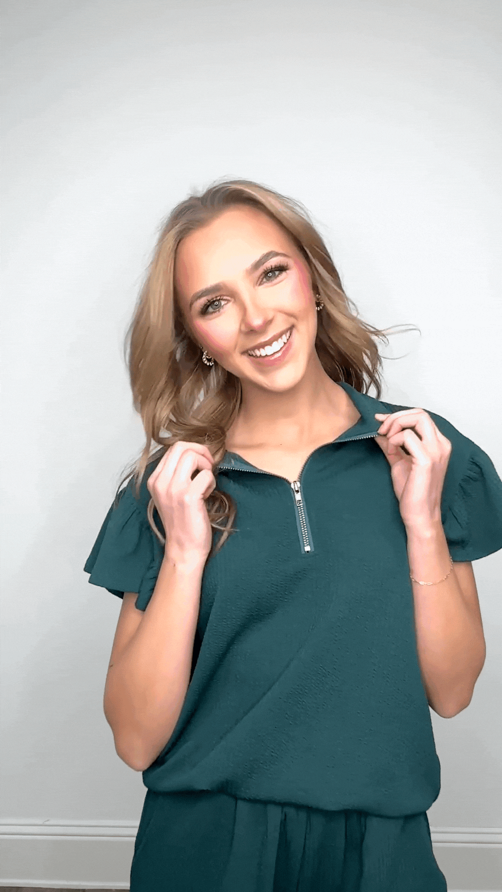 The Halee Quarter Zip w/ Flutter Sleeves - Forest Green