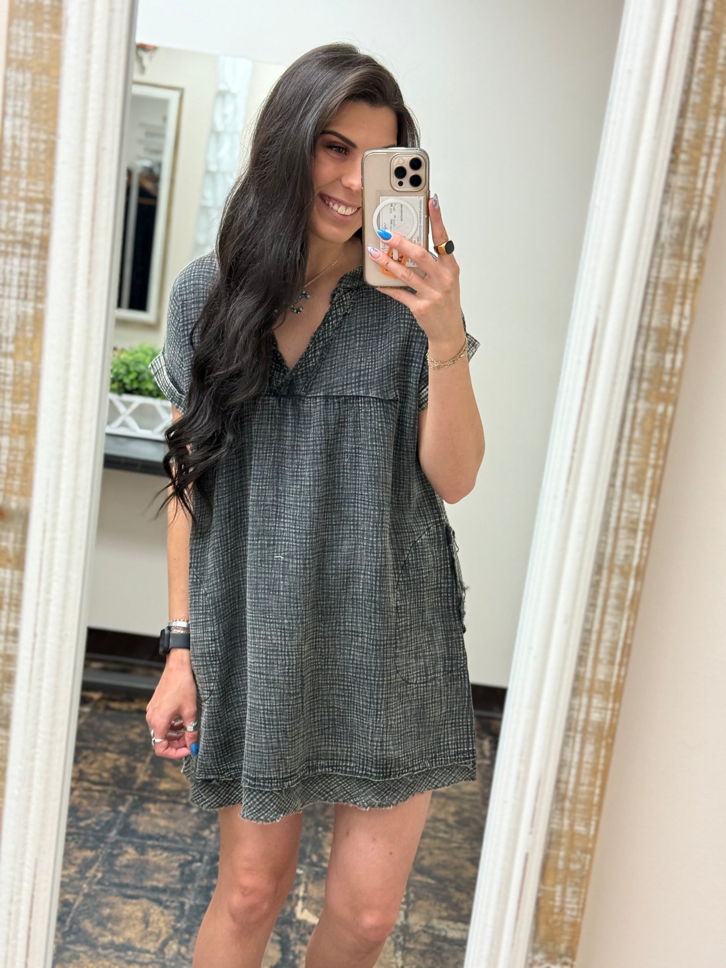 The Danielle Gauze V-Neck Dress - Ash Black