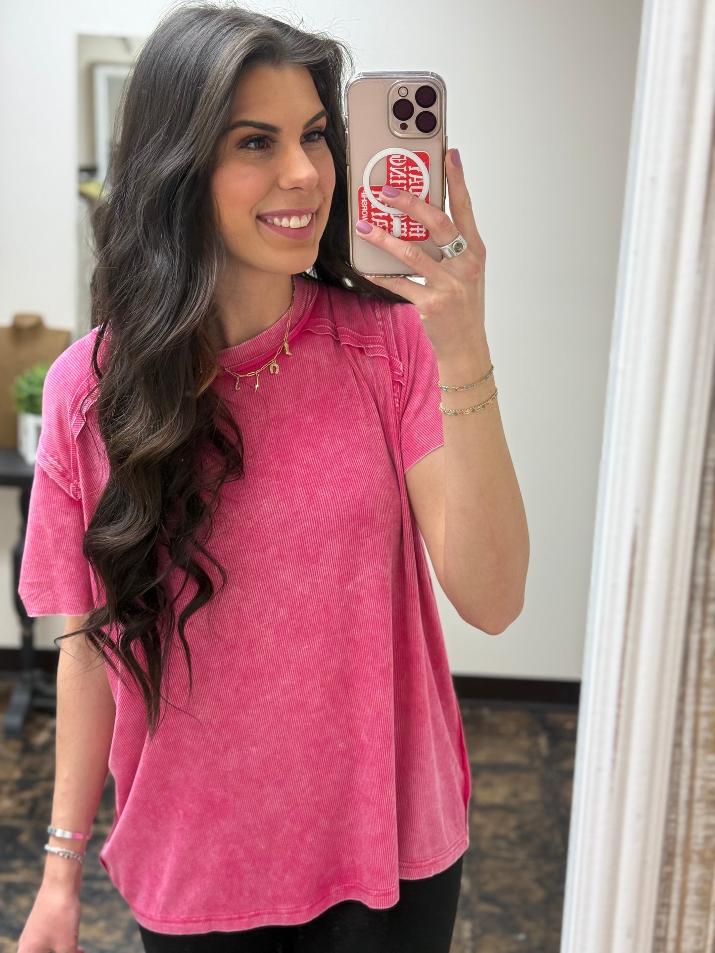 The Carmina Washed Ribbed Tee - Hot Pink