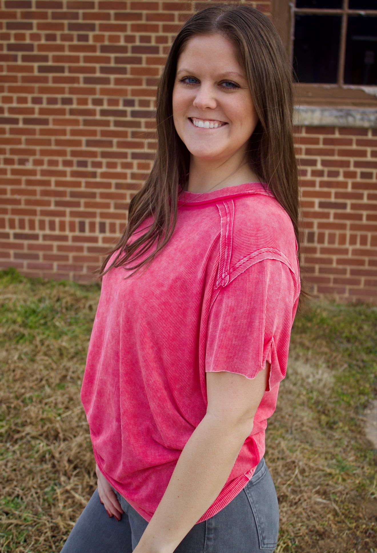 The Carmina Washed Ribbed Tee - Hot Pink