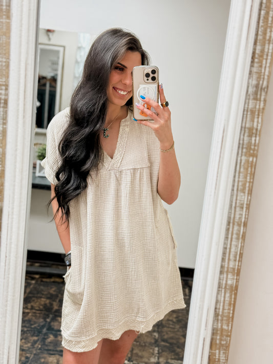 The Danielle Gauze V-Neck Dress - Ash Mocha