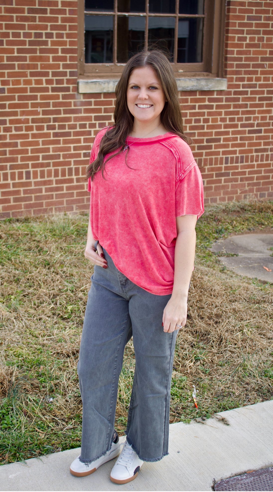 The Carmina Washed Ribbed Tee - Hot Pink