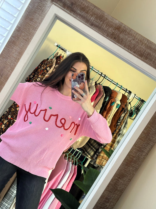 Simply Southern - Merry Embroidered Sweater - Pink