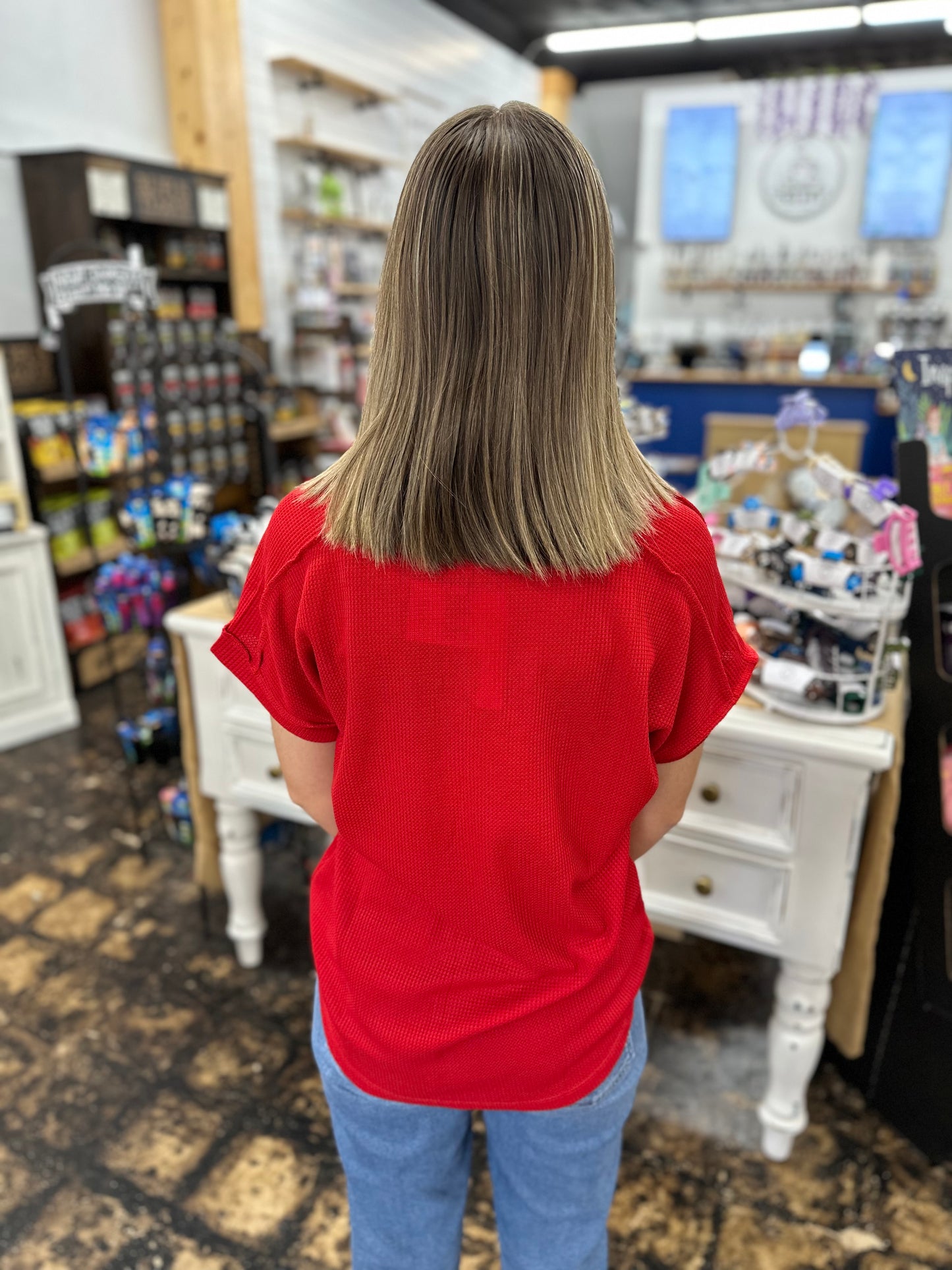 The Lucy Waffle Knit Top - Red