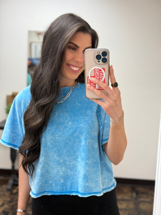 The Audrey Acid Wash Cropped Tee - Deep Sky