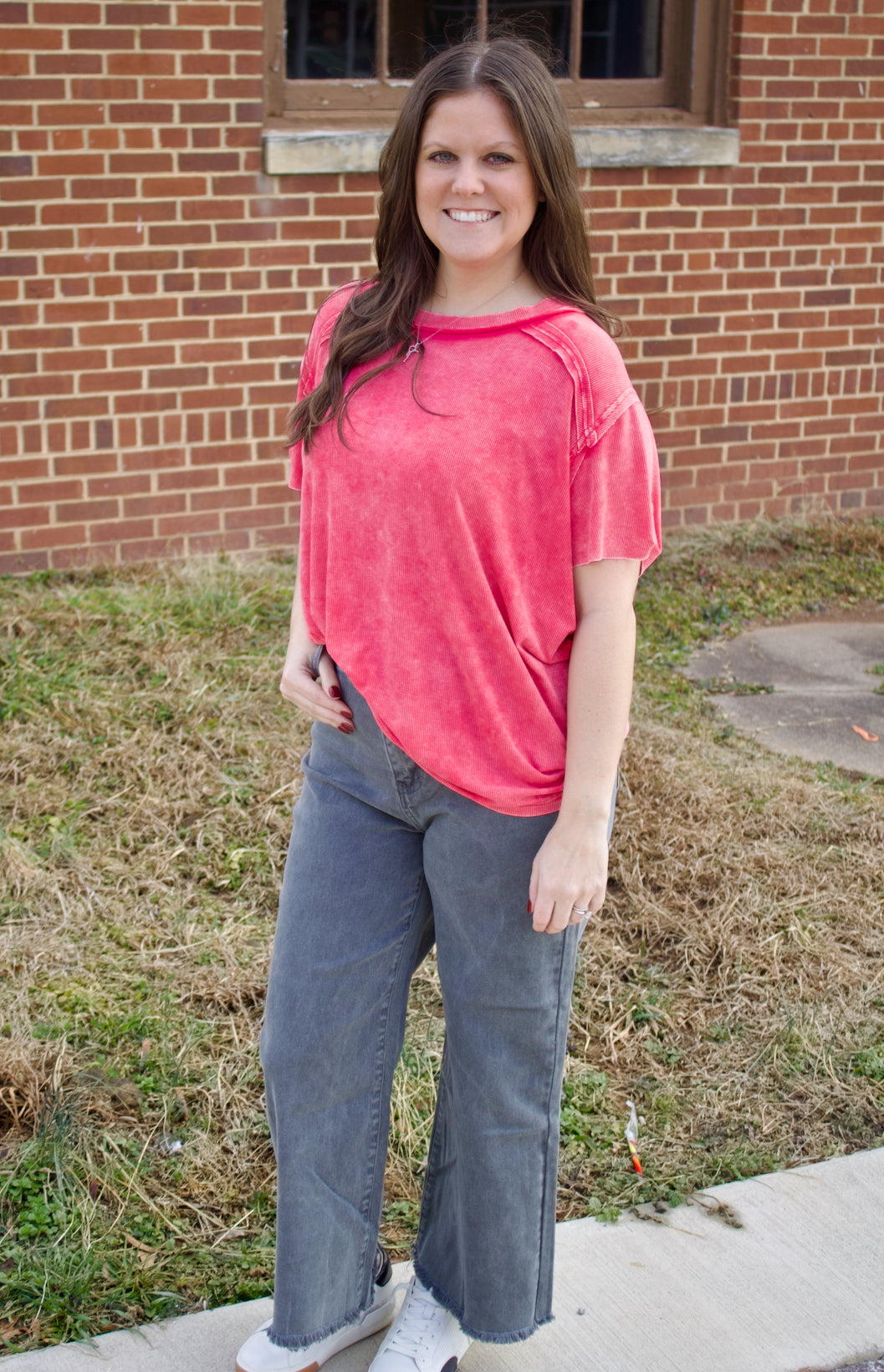 The Carmina Washed Ribbed Tee - Hot Pink