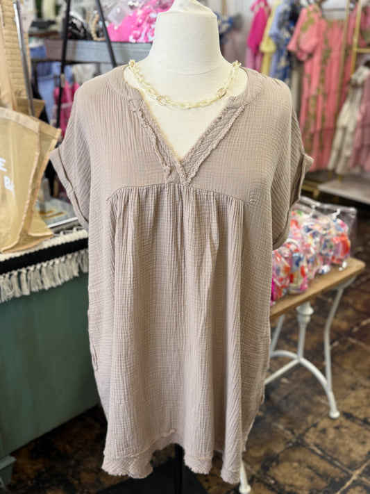 The Danielle Gauze V-Neck Dress - Lt. Mocha - CURVY