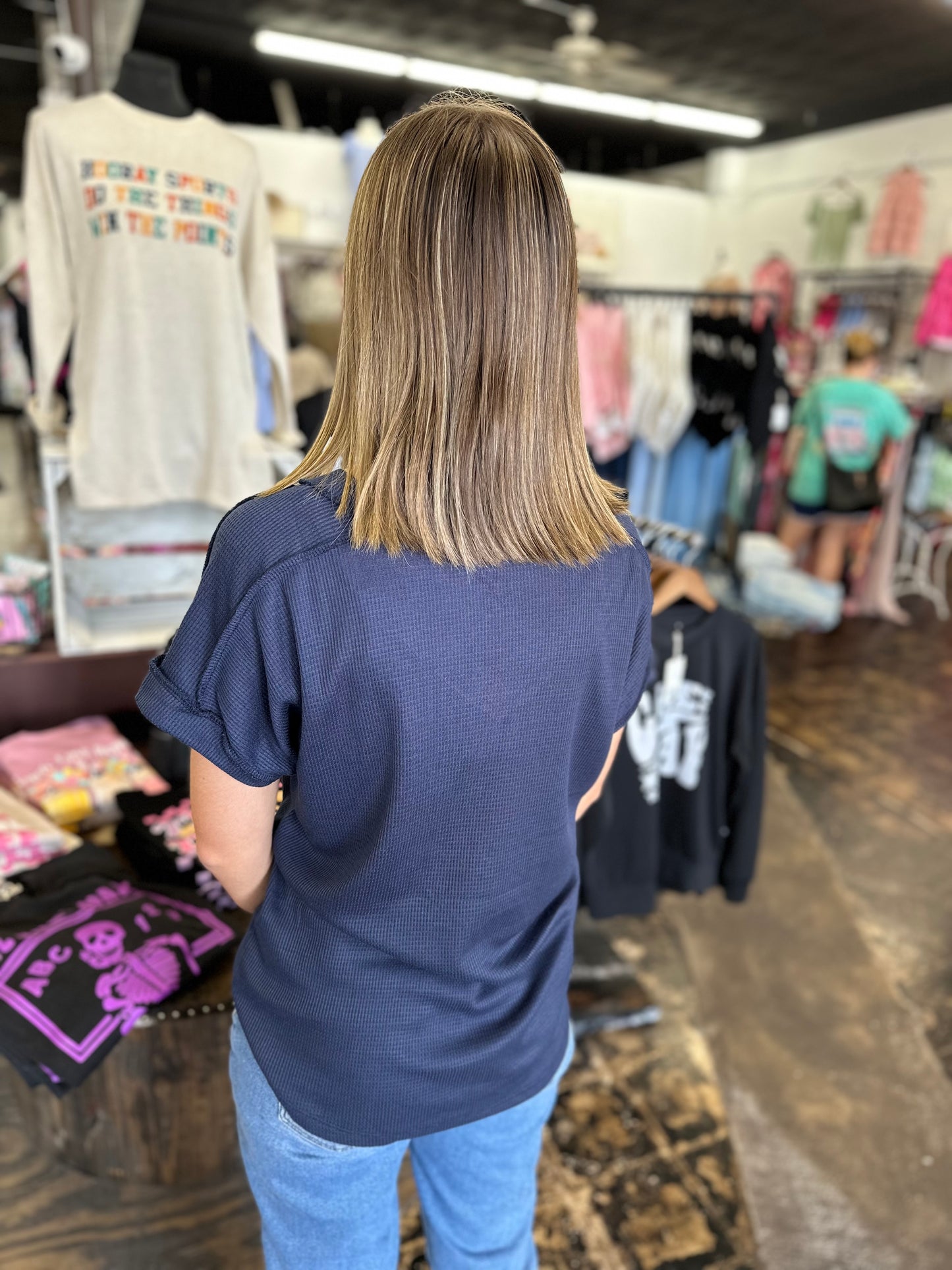 The Lucy Waffle Knit Top - Navy