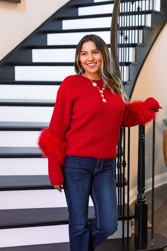 The Holiday Fun Knit Feather Sweater - Red