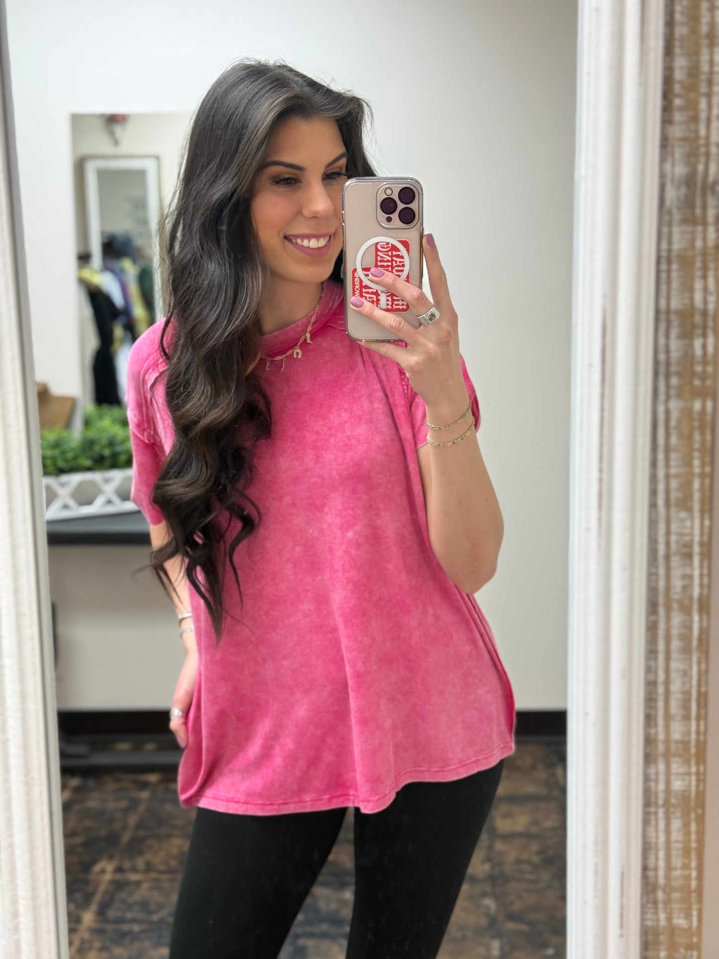 The Carmina Washed Ribbed Tee - Hot Pink