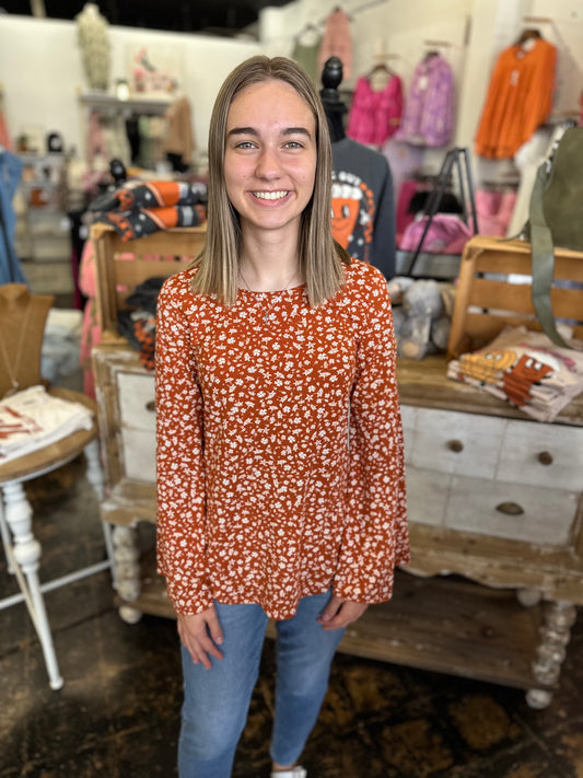 The Parker Bell Sleeve Top - Rust Floral