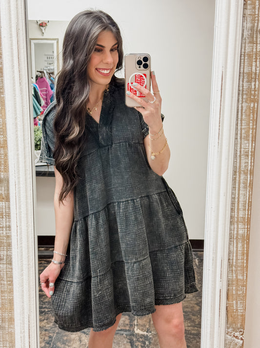 FINAL SALE - The Dani Gauze V-Neck Dress - Ash Black
