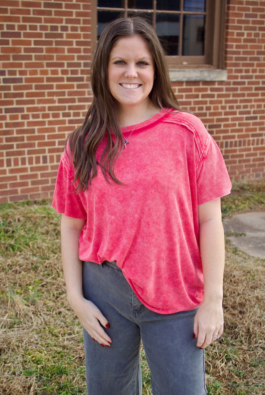 The Carmina Washed Ribbed Tee - Hot Pink