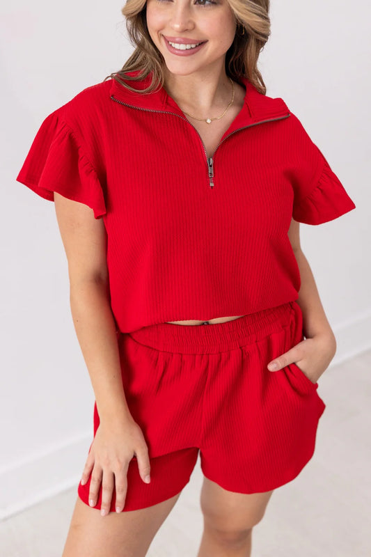 The Halee Quarter Zip w/ Flutter Sleeves - Red