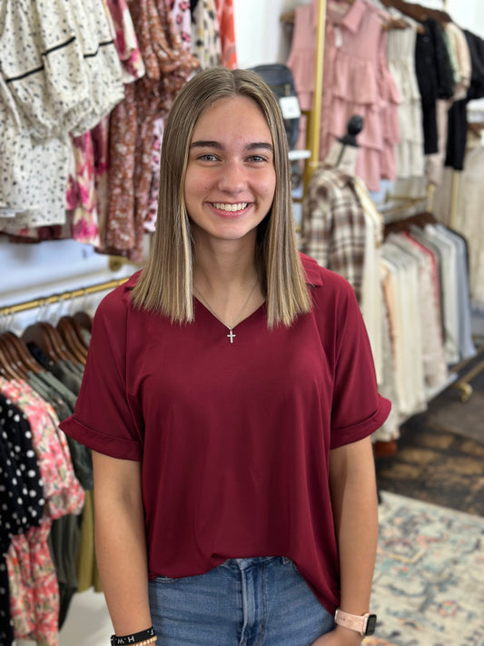 The Cara Collared Top - Maroon