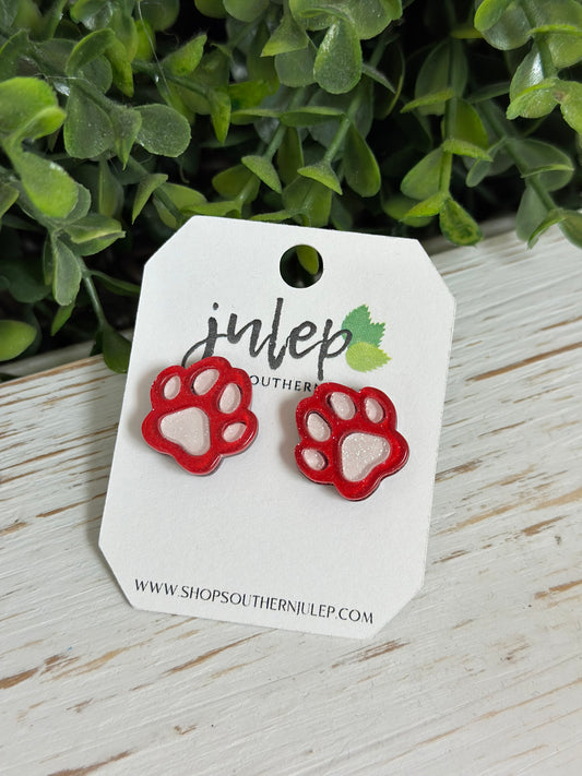 The Paw Print Studs - White on Red