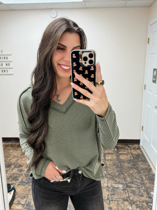 The Ansleigh Corded Long Sleeve Top - Dark Olive