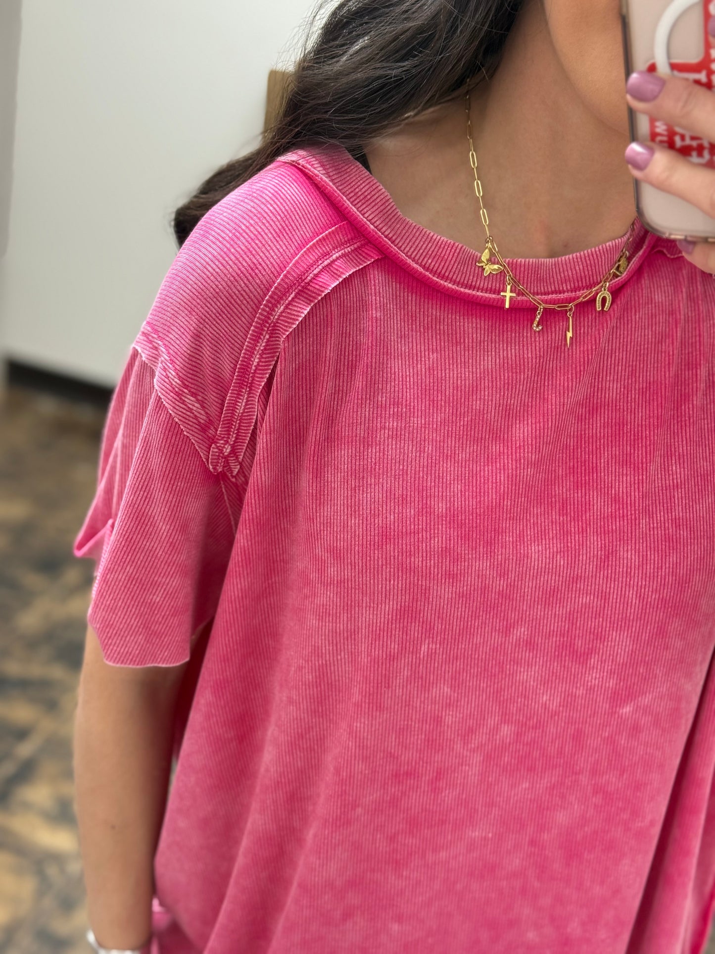 The Carmina Washed Ribbed Tee - Hot Pink