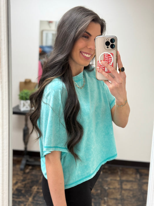 The Audrey Acid Wash Cropped Tee - Turquoise