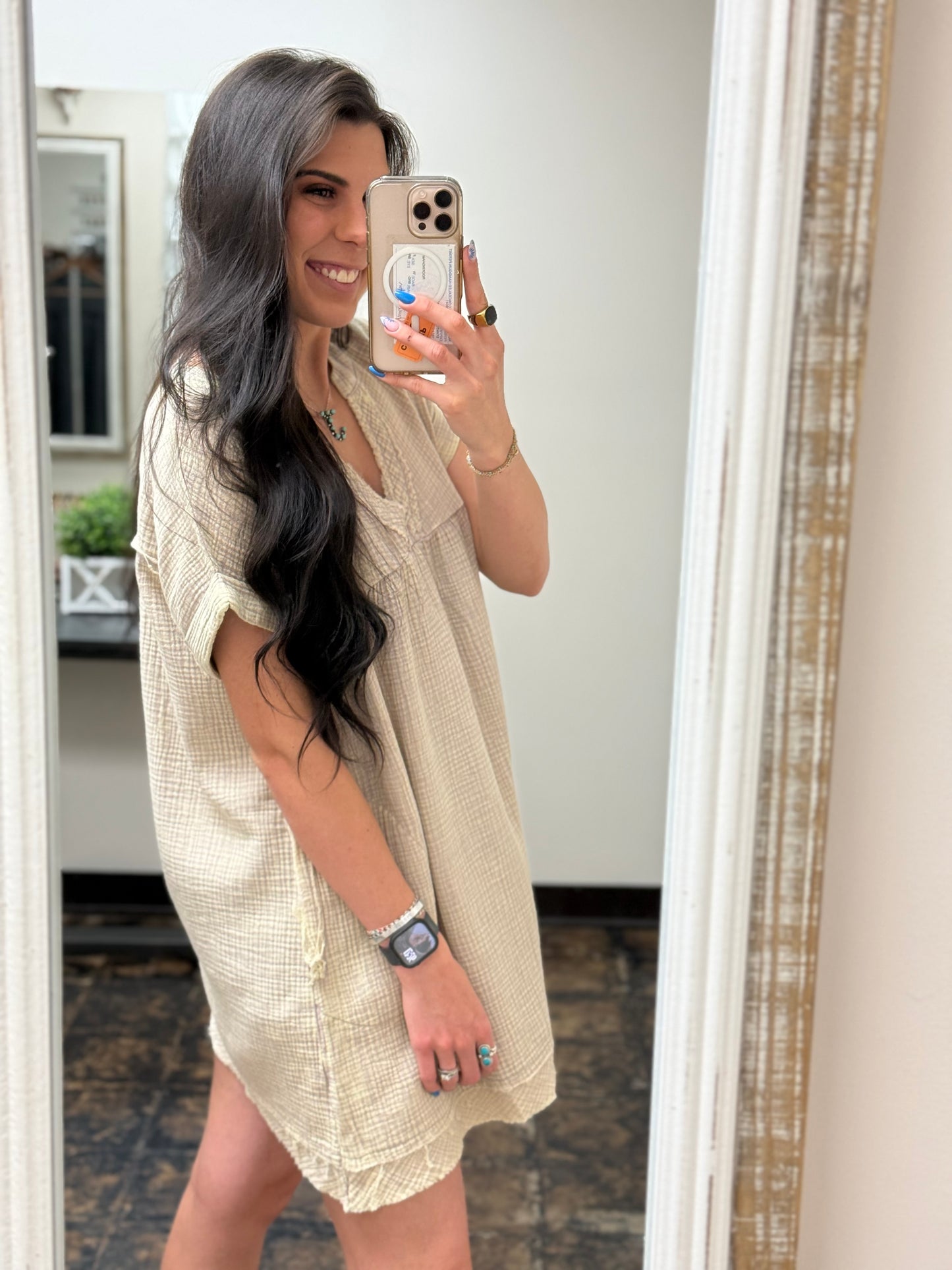The Danielle Gauze V-Neck Dress - Ash Mocha