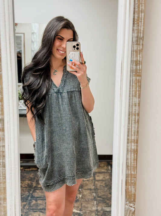 The Danielle Gauze V-Neck Dress - Ash Black