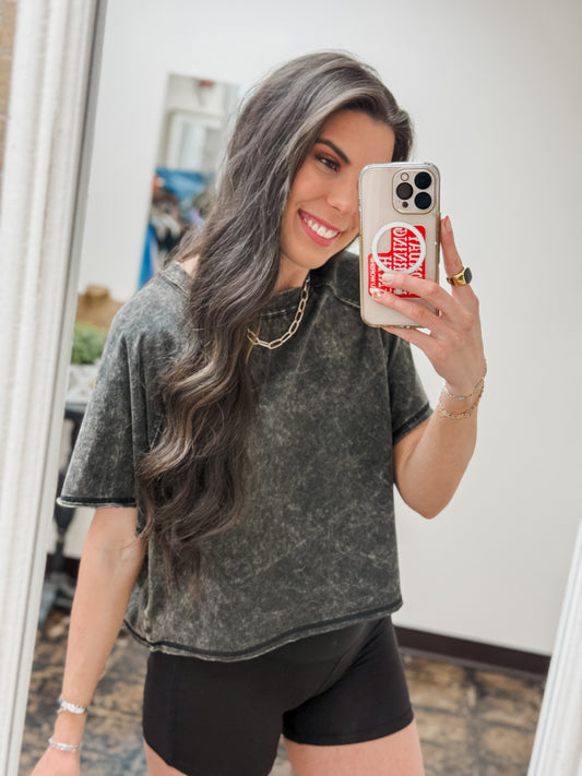 The Audrey Acid Wash Cropped Tee - Ash Black