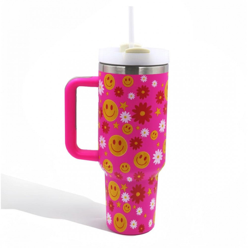 The Stanleigh 40oz Tumbler Cup - Smiley Stars & Flowers Pink