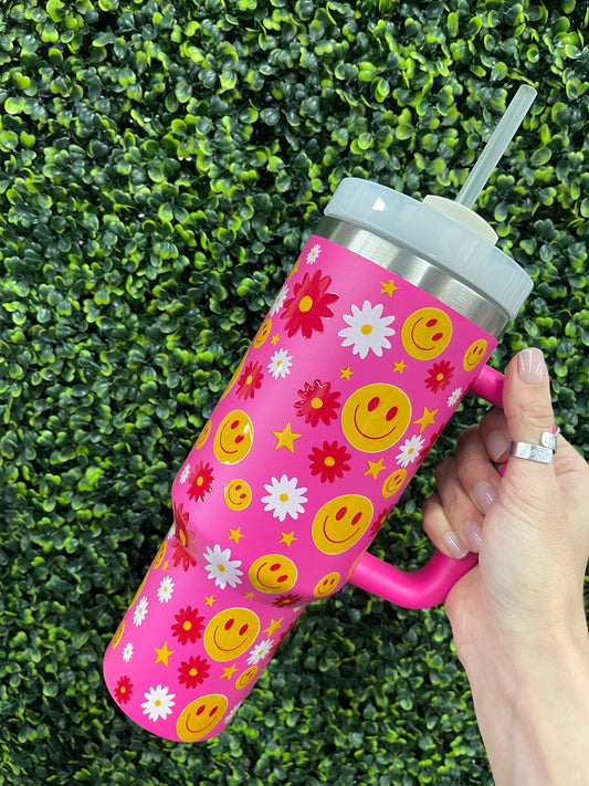The Stanleigh 40oz Tumbler Cup - Smiley Stars & Flowers Pink