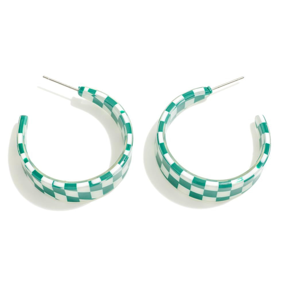 The Checkered Hoop Earrings - Green/White