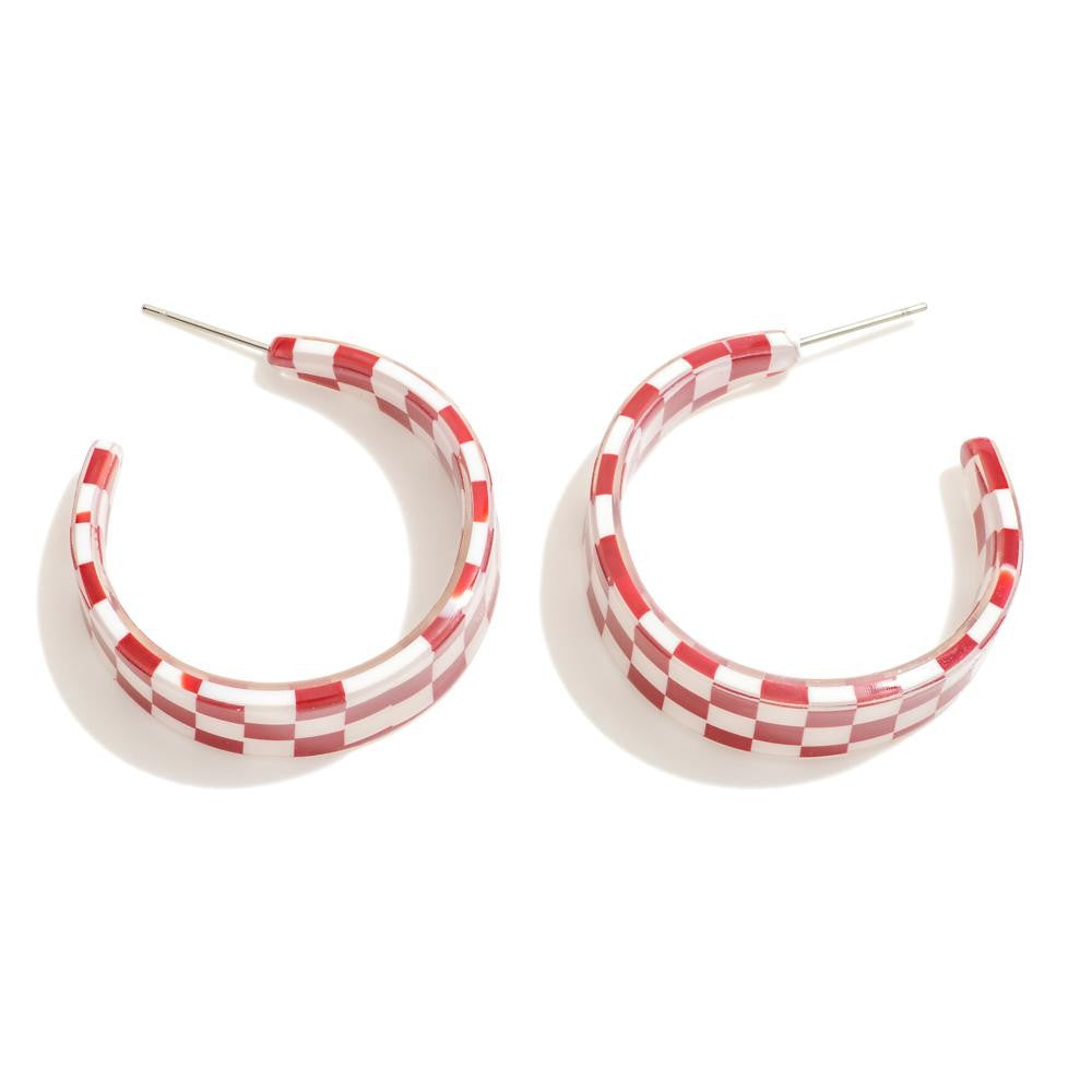 The Checkered Hoop Earrings - Red/White