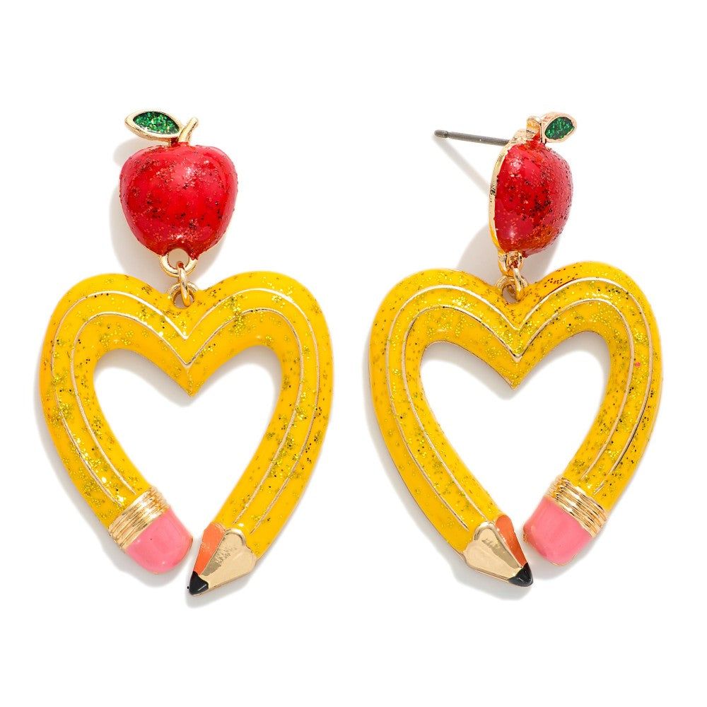 The Teacher Pencil Heart Earrings  - Yellow