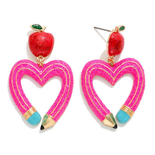 The Teacher Pencil Heart Earrings  - Pink