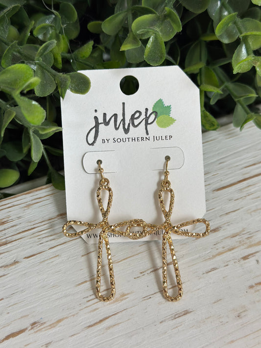 The Bethel Open Cross Earrings - Hammered Gold