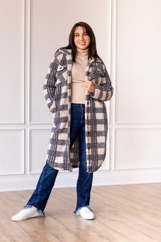 The Maggie Valley Mornings Plaid Sherpa Trench Coat