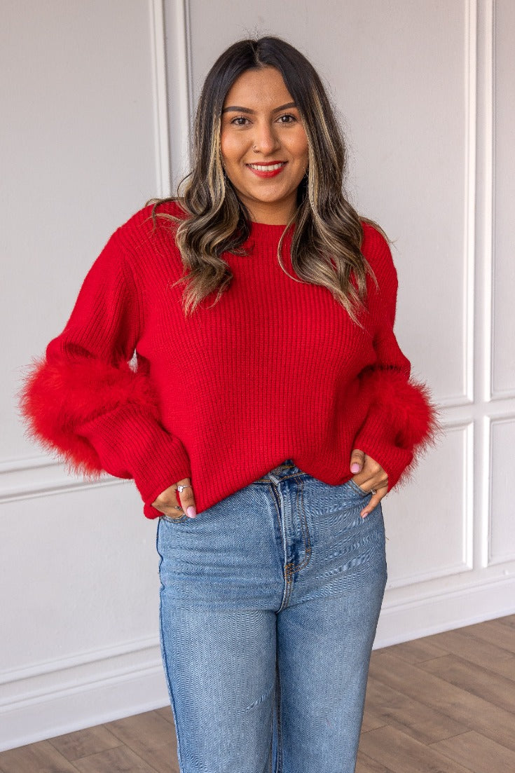 The Holiday Fun Knit Feather Sweater - Red