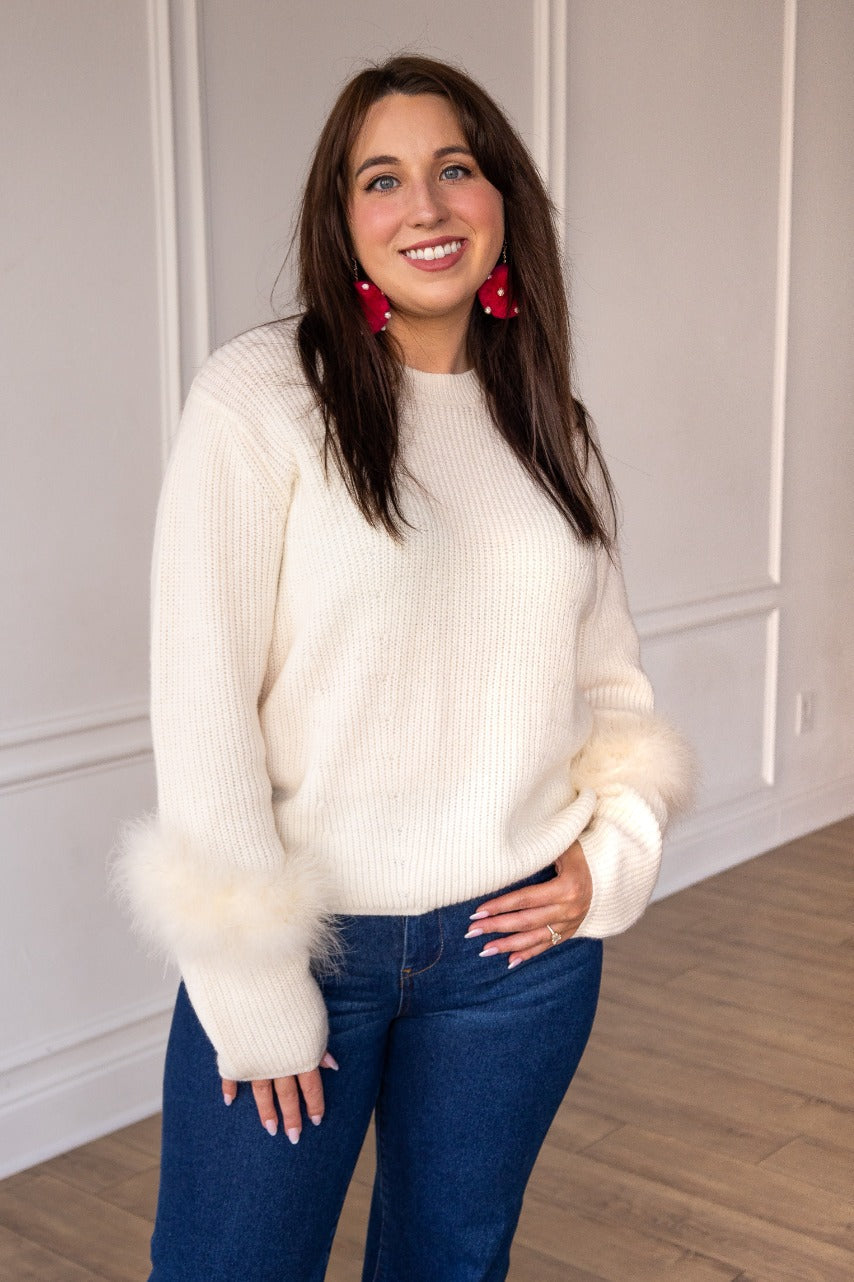 The Holiday Fun Knit Feather Sweater - Cream