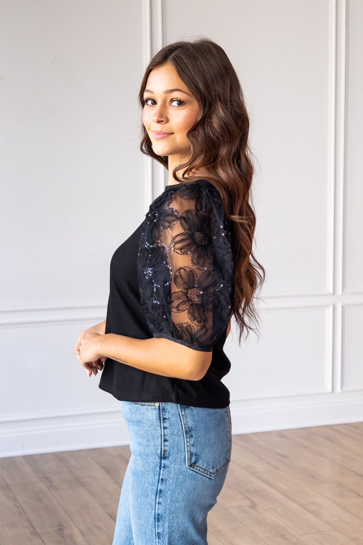 The Midnight Blossom Puff Sleeve Top