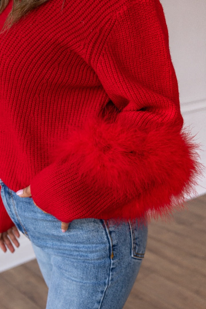 The Holiday Fun Knit Feather Sweater - Red