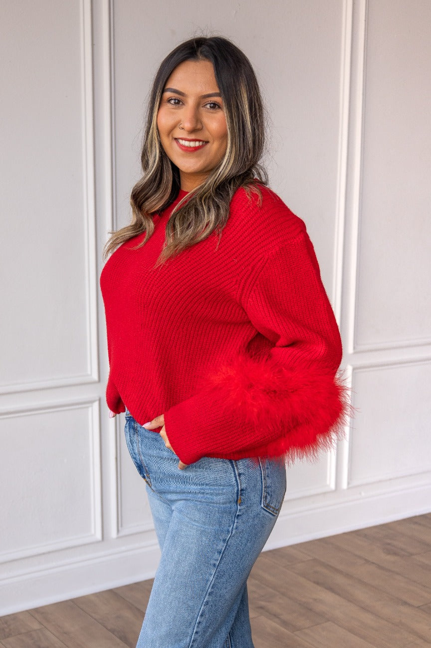 The Holiday Fun Knit Feather Sweater - Red