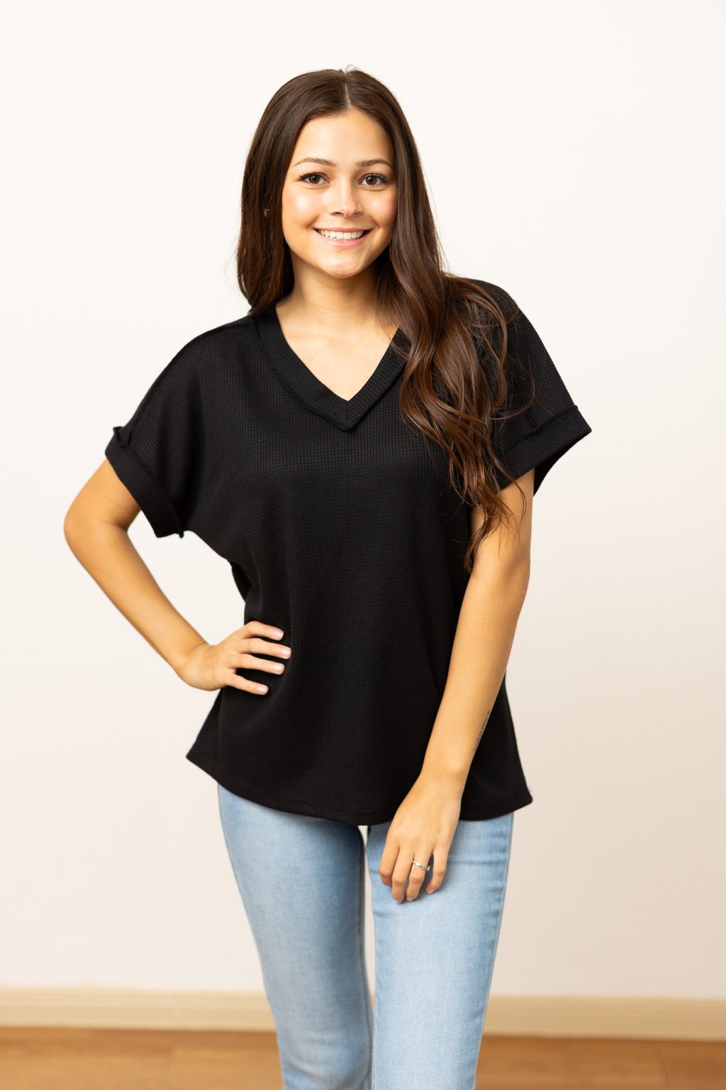 The Lucy Waffle Knit Top - Black