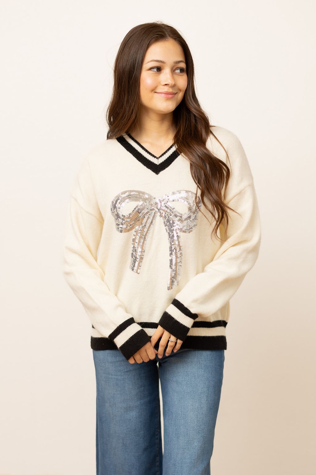 The Silver Sequin Bow Varsity Sweater