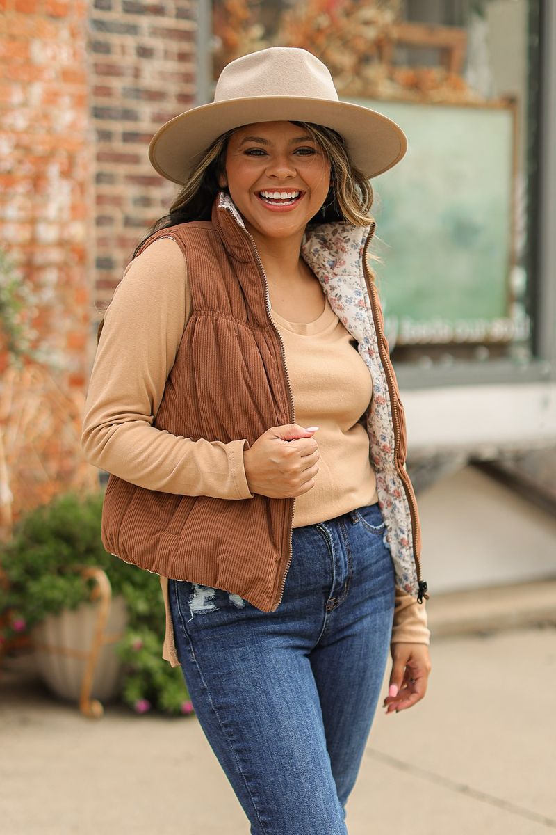 The Gillian Reversible Puffer Vest - Brown/Floral