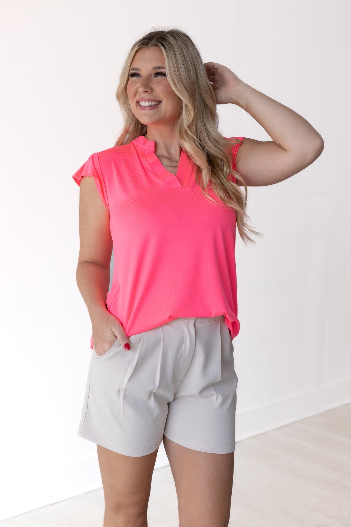 The Nicole V-Neck Top - Neon Pink