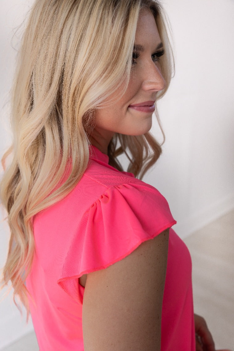 The Nicole V-Neck Top - Neon Pink