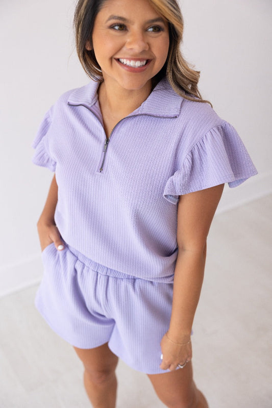 The Halee Quarter Zip w/ Flutter Sleeves - Lilac