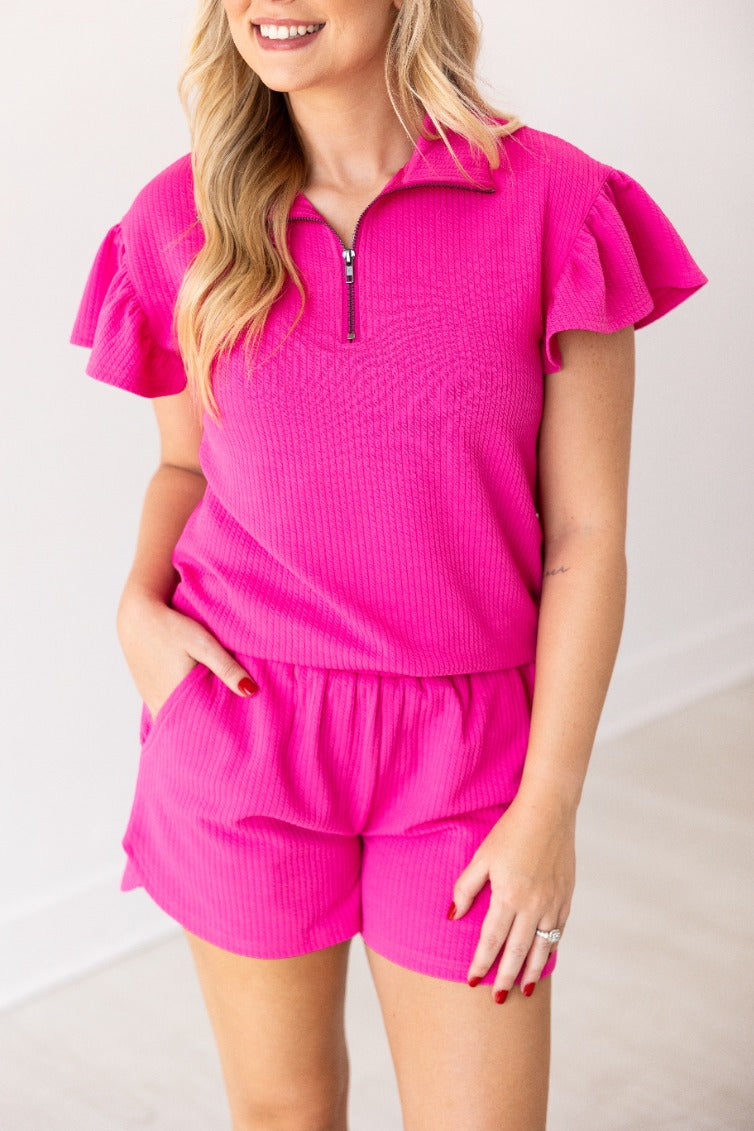 The Halee Quarter Zip w/ Flutter Sleeves - Hot Pink