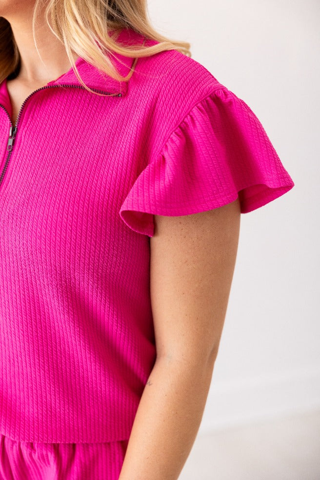 The Halee Quarter Zip w/ Flutter Sleeves - Hot Pink