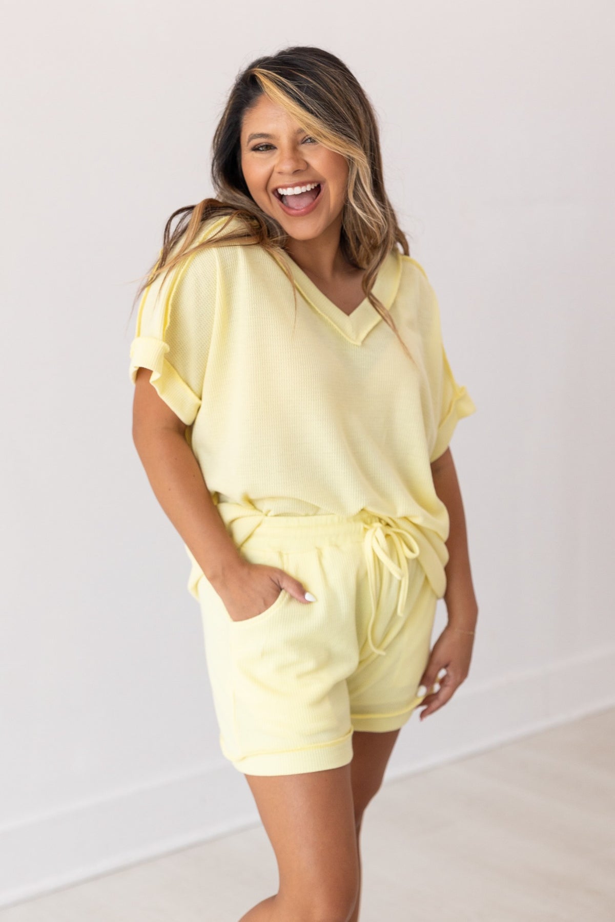 The Jane Waffle Knit Shorts - Yellow