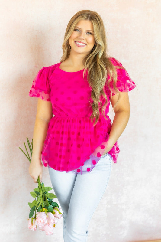 The Pink Promise Dot Mesh Peplum Top