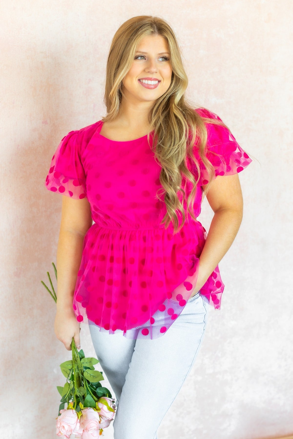 The Pink Promise Dot Mesh Peplum Top